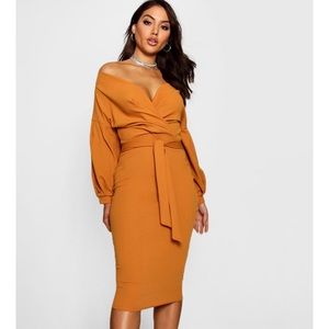 Off-The-Shoulder Faux Wrap Midi